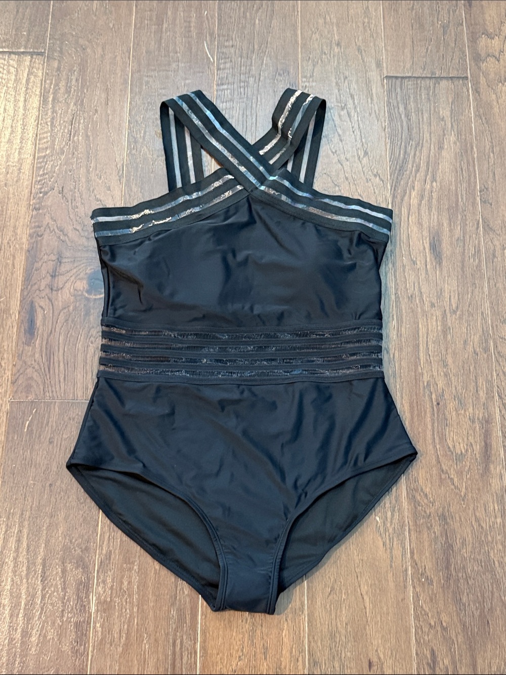NWOT Black Women’s One-Piece Swimsuit with Striped Trim